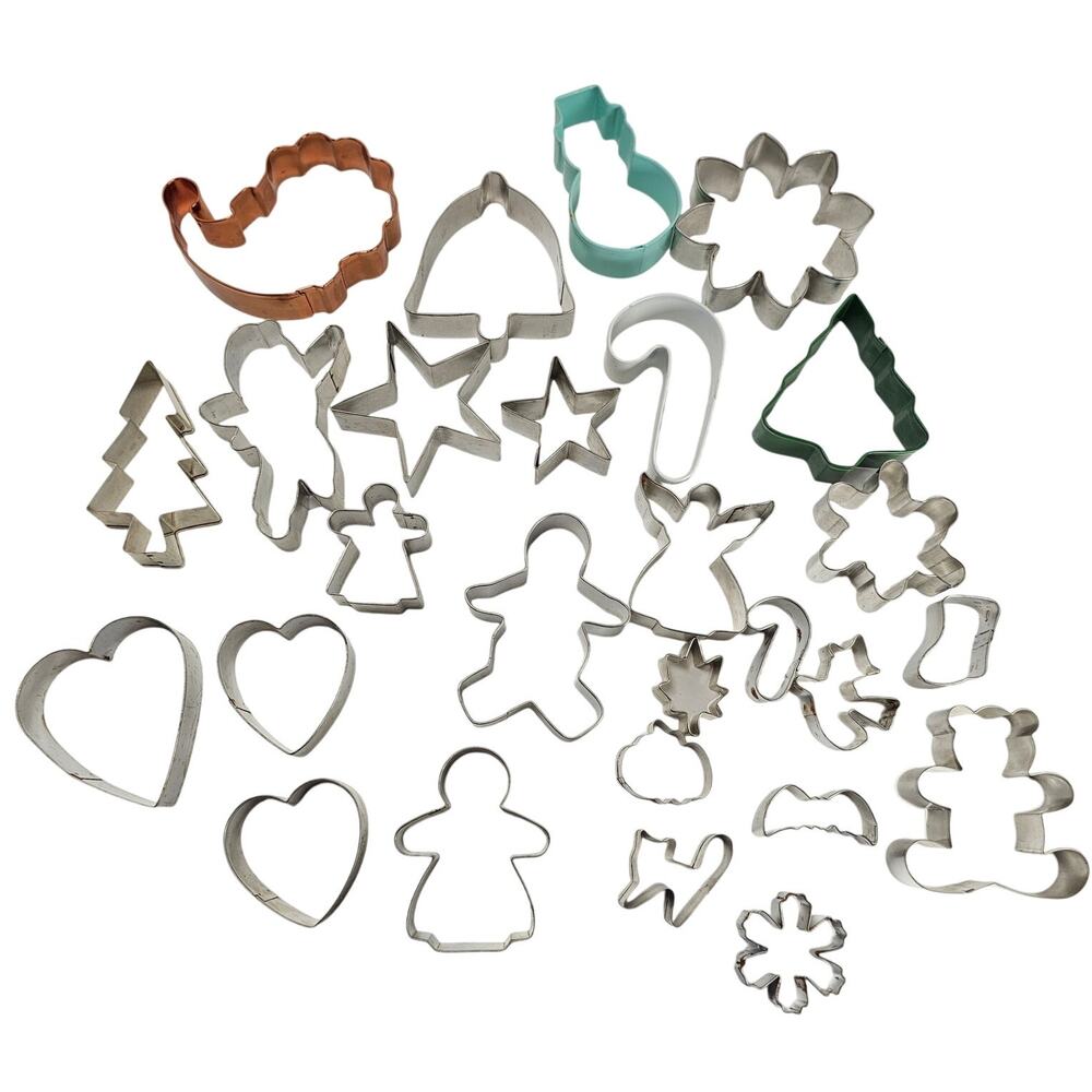 Metal Cookie Cutters Holiday Shapes Christmas Hearts Stars Tree lot of 27